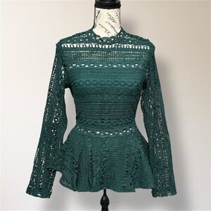 Anthropologie Endless Rose XS Green Crochet Lace Long Sleeve Peplum Blouse Boho